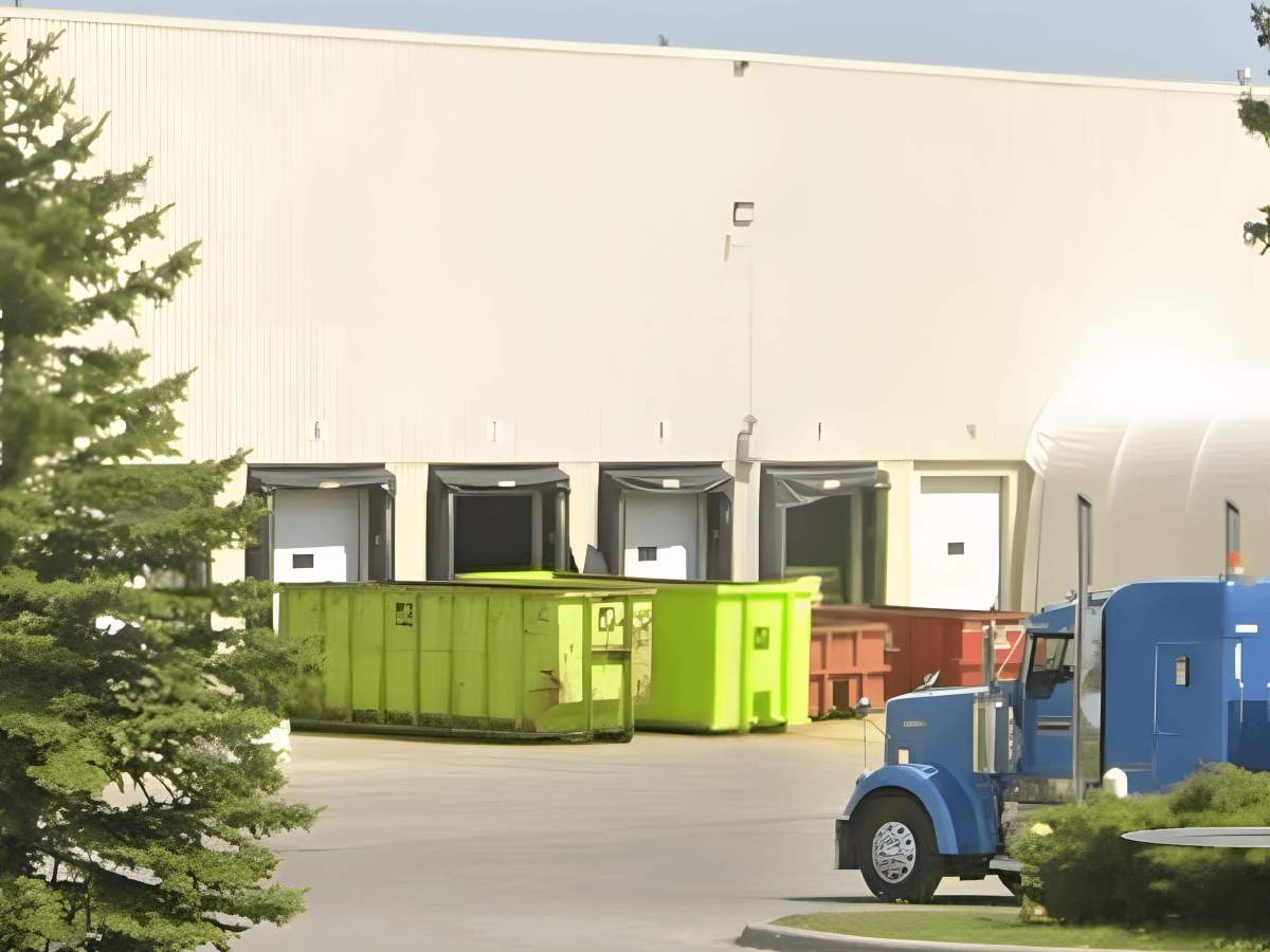 Commercial dumpsters at a logistics warehouse in Woodstock Ontario